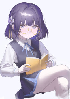 1girl absurdres black_overskirt black_vest blue_eyes blue_ribbon blue_skirt blunt_bangs book closed_mouth collared_shirt commentary_request cowboy_shot cropped_legs crossed_legs dress_shirt flower gakuen_idolmaster glasses hair_flower hair_ornament hataya_misuzu hatsuboshi_gakuen_school_uniform highres holding holding_book idolmaster looking_at_viewer medium_hair miniskirt mole mole_under_mouth neck_ribbon pleated_skirt pulmo_(artist) purple_hair ribbon round_eyewear school_emblem school_uniform shirt simple_background sitting skirt solo upskirt vest white_background white_flower white_shirt yellow-framed_eyewear