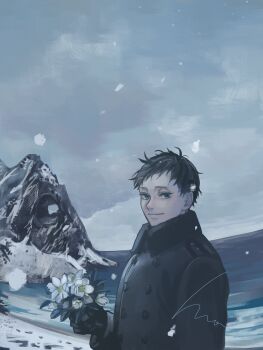 1boy absurdres black_coat black_gloves black_hair blue_eyes cloud cloudy_sky coat flower gloves highres holding holding_flower looking_at_viewer male_focus mori_hisato mountain ocean original short_hair sky snowing white_flower