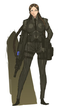 Rule 34 | 1girl, airburst grenade launcher, alliant techsystems, assault rifle, bad anatomy, belt pouch, black gloves, braid, breasts, brown hair, bullpup, carbine, clenched hand, computerized scope, contraves brashear systems, cropped legs, female focus, glasses, glasses girl (nameo), gloves, green eyes, grenade launcher, gun, hair over shoulder, head tilt, heckler &amp; koch, highres, holding, holding gun, holding weapon, huge weapon, l-3 communications corporation, l3 technologies, large breasts, long hair, military, military program, modular weapon system, multi-weapon, multiple-barrel gun, nameo (judgemasterkou), necktie, night-vision device, objective individual combat weapon (military program), objective infantry combat weapon (military program), original, parted bangs, poorly drawn, pouch, precision-guided firearm, prototype design, rifle, scope, selectable assault battle rifle (military program), semi-automatic grenade launcher, semi-rimless eyewear, short-barreled rifle, sight (weapon), simple background, smart scope, solo, suspenders, telescopic sight, thermal weapon sight, transforming weapon, trigger discipline, twin braids, under-barrel configuration, under-rim eyewear, underbarrel assault rifle, underbarrel rifle, weapon, xm104 (smart scope), xm29 oicw