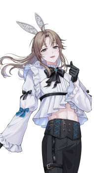 Rule 34 | 1boy, :p, ahoge, alternate costume, animal ear hairband, animal ears, arm at side, belt, black bow, black bowtie, black gloves, black pants, blue bow, blue gem, blush, bow, bowtie, brooch, brown hair, buttons, chest harness, cowboy shot, cuff links, curtained hair, double-breasted, fake animal ears, finger heart, frilled shirt, frilled shirt collar, frilled sleeves, frills, gem, gloves, grey eyes, hairband, harness, high-low shirt, high-waist pants, highres, jewelry, juliet sleeves, kanae (nijisanji), lace ears, long hair, long sleeves, looking at viewer, male focus, maoupiisuke, midriff, mole, mole under eye, nijisanji, pants, parted bangs, puffy sleeves, rabbit ears, shirt, signature, simple background, sleeve bow, solo, standing, thigh belt, thigh strap, tongue, tongue out, twitter username, virtual youtuber, white background, white shirt