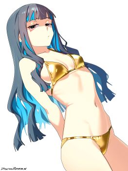 1girl absurdres bare_shoulders bikini black_hair blue_hair breasts colored_inner_hair dantonphanton eyeliner fate/grand_order fate_(series) gold_bikini grey_eyes highres long_hair looking_at_viewer makeup multicolored_hair shiny_swimsuit small_breasts solo swimsuit tenochtitlan_(fate)
