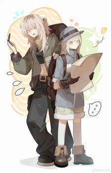 Rule 34 | ..., 2girls, absurdres, backpack, bag, bang dream!, bang dream! it's mygo!!!!!, black hair, black pants, brown jacket, commentary, crop top, girls band cry, green hair, green skirt, grey eyes, grey hair, grey hat, grey jacket, haobuguniao, hat, highres, instrument connection, jacket, kawaragi momoka, long hair, midriff, multiple girls, one side up, open mouth, pants, red eyes, skirt, socks, spoken ellipsis, sweatdrop, untranslatable commentary, wakaba mutsumi, white background, white socks, yellow eyes