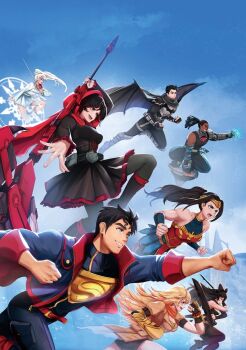 3boys 5girls aged_down bat_wings batman blake_belladonna bruce_wayne crescent_rose cyborg cyborg_(dc) dark-skinned_male dark_skin dc_comics dreadlocks ember_celica_(rwby) flying gambol_shroud highres justice_league long_hair multiple_boys multiple_girls myrtenaster official_alternate_costume official_art prosthesis prosthetic_arm rapier ruby_rose rwby scar scar_across_eye scar_on_face scythe superman sword weapon weiss_schnee wings wonder_woman yang_xiao_long