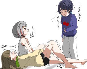 3girls :d barefoot black_choker black_shorts blue_hair blue_sweater blush braid brown_hair center-flap_bangs choker closed_eyes commentary_request cramp dollchestra grey_hair hand_on_own_stomach kachimachi_kosuzu kachimachi_kosuzu_(summer_loungewear) link!_like!_love_live! llb long_sleeves love_live! lying mole mole_on_neck multicolored_hair multiple_girls murano_sayaka murano_sayaka_(summer_loungewear) on_back open_mouth pain pants pink_eyes profile red_eyes red_hair red_streaks short_shorts shorts side_braids sideways_mouth simple_background sitting smile streaked_hair sweater tank_top tearing_up toes virtual_youtuber white_background white_pants white_tank_top yugiri_tsuzuri yugiri_tsuzuri_(summer_loungewear)
