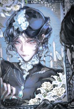 1girl absurdres black_hair black_hat black_shirt border candle chinese_commentary commentary_request earrings facial_mark flower gem green_gem green_nails hat hat_pin highres jelena_(path_to_nowhere) jewelry looking_at_viewer mirror nail_polish necklace path_to_nowhere redrawn reflection reflection_focus shirt solo tangxi teardrop_facial_mark tilted_headwear updo upper_body white_flower