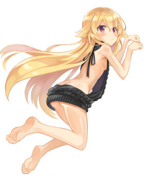 1girl aran_sweater ass back backless_dress backless_outfit bare_arms bare_back bare_legs bare_shoulders barefoot black_sweater blush breasts brown_eyes butt_crack cable_knit closed_mouth dress feet female_focus from_behind full_body hair_between_eyes hair_flaps halterneck highres jumping long_hair looking_at_viewer naked_sweater original paw_pose ribbed_sweater sideboob simple_background small_breasts soles solo sweater sweater_dress turtleneck turtleneck_sweater very_long_hair virgin_killer_sweater white_background xuan_chu