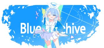 1girl absurdres arona_(blue_archive) blue_archive blue_eyes blue_hair blue_halo blue_shirt bow_hairband braid choker colored_inner_hair copyright_name hair_over_one_eye hairband halo highres incredibly_absurdres long_sleeves looking_at_viewer miniskirt multicolored_hair neckerchief one_eye_closed open_mouth pink_hair pleated_skirt qri round_teeth sailor_collar shirt short_hair single_braid skirt solo teeth umbrella_gun upper_teeth_only white_choker white_hairband white_neckerchief white_sailor_collar white_skirt