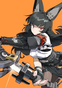 Rule 34 | 1girl, absurdres, animal ear fluff, animal ears, asdf 4532, black gloves, black hair, black pantyhose, blunt bangs, fingerless gloves, fox ears, fox girl, gloves, hashtag-only commentary, highres, holding, holding weapon, hoshimi miyabi, looking at viewer, pantyhose, serious, shirt, solo, weapon, white shirt, yellow background, zenless zone zero