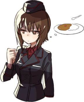Rule 34 | 1girl, black hat, black jacket, breasts, brown eyes, brown hair, clenched hand, closed mouth, commentary request, cross, curry, curry rice, food, garrison cap, girls und panzer, hat, iron cross, jacket, kuromorimine military uniform, large breasts, long sleeves, military, military uniform, nishizumi maho, plate, red shirt, rice, shirt, short hair, simple background, solo, spoon, suzuki ritsu, thinking, upper body, white background