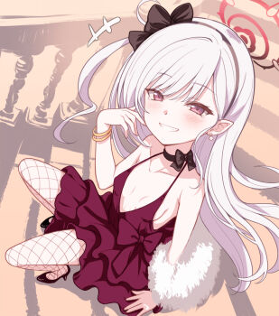 +++ 1girl bare_shoulders black_choker black_hairband black_shoes blue_archive blush bow bow_choker bracelet breasts choker dress earrings fishnet_pantyhose fishnets fur_shawl grin hairband halo hand_up high_heels jewelry kooriyama_azuki loli long_hair looking_at_viewer mutsuki_(blue_archive) mutsuki_(dress)_(blue_archive) official_alternate_costume one_side_up pantyhose pearl_earrings pointy_ears red_dress red_eyes red_halo shawl shoes sitting sitting_on_stairs sleeveless sleeveless_dress small_breasts smile solo stairs white_hair
