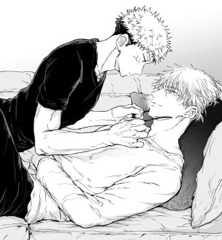 Rule 34 | 2boys, adam's apple, closed mouth, commentary request, couch, eye contact, from side, gojou satoru, grey background, greyscale, highres, itadori yuuji, jujutsu kaisen, looking at another, lying, male focus, monochrome, multiple boys, nay bb, on back, on couch, removing eyewear, short hair, simple background, undercut, yaoi