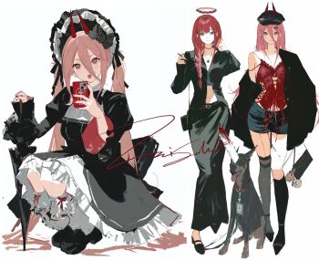 2girls :o absurdly_long_hair alternate_costume asymmetrical_legwear bandeau black_choker black_dress black_jacket black_ribbon black_skirt black_umbrella blue_bandeau bonnet braid chainsaw_man choker denim denim_shorts dobermann dress flat_cap frilled_socks frills gongc59826 gothic_lolita hair_between_eyes hair_ribbon halo hat head_tilt highres jacket jewelry loafers lolita_fashion long_hair long_sidelocks long_skirt looking_at_viewer makima_(chainsaw_man) mirror_selfie multiple_girls multiple_views orange_eyes pendant pink_hair power_(chainsaw_man) puffy_sleeves red_hair red_halo ribbon selfie shoes shorts side_braid sidelocks signature single_off_shoulder skirt smile socks squatting twintails umbrella uneven_legwear very_long_hair wide_sleeves yellow_eyes