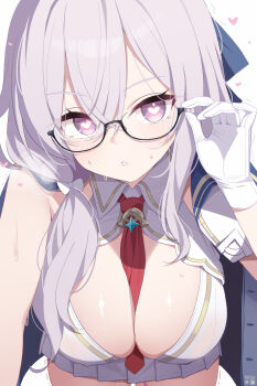 1girl between_breasts black-framed_eyewear breasts canace_(stella_sora) cleavage coat coat_on_shoulders commentary_request deyui glasses gloves hair_between_eyes heart heart-shaped_pupils highres large_breasts leaning_forward long_hair looking_at_viewer miniskirt necktie necktie_between_breasts pleated_skirt pussy_juice red_necktie semi-rimless_eyewear sex_toy shirt simple_background skindentation skirt solo stella_sora sweat symbol-shaped_pupils vibrator vibrator_under_clothes white_background white_gloves white_hair white_shirt white_skirt