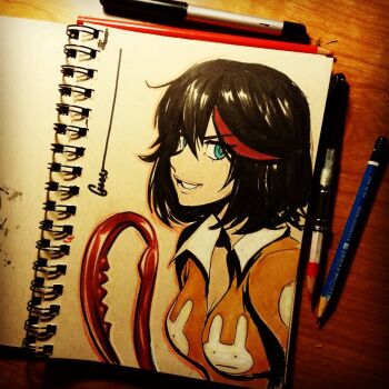 Rule 34 | 1girl, animal print, black hair, blue eyes, breasts, cleavage, collared pajamas, colored pencil (medium), commentary, english commentary, hair between eyes, kill la kill, lips, looking at viewer, marker (medium), matoi ryuuko, medium breasts, multicolored hair, omar dogan, pajamas, parted lips, photo (medium), portrait, rabbit print, red streaks, scissor blade (kill la kill), signature, simple background, solo, streaked hair, sword, teeth, tomboy, traditional media, weapon, white background, yellow pajamas