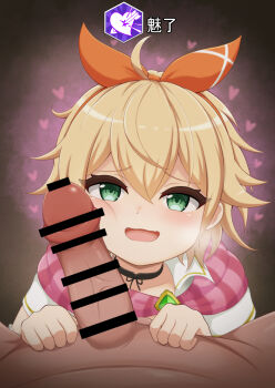 1boy 1girl :d absurdres ahoge bar_censor black_choker blonde_hair bow bow_hairband breath brown_background cat_(saga) censored choker commentary_request facejob fang flat_chest furrowed_brow green_eyes hair_between_eyes hair_ribbon hairband heart highres looking_at_viewer nagihori open_mouth orange_bow penis_on_face pink_scarf pointless_censoring pov pov_crotch ribbon romancing_saga_2 saga scarf shirt short_hair smile smug solo_focus status_effect translation_request white_shirt