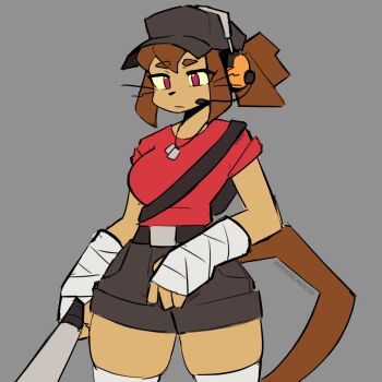 1girl animal_ears bandaged_hand bandages belt black_shorts brown_hair cat_ears cat_girl cat_tail closed_mouth commentary cosplay dark-skinned_female dark_skin furry furry_female gameoverse genericmerc28 grey_background headset highres kit_bodega ponytail red_eyes red_shirt scout_(tf2) scout_(tf2)_(cosplay) shirt short_hair shorts simple_background solo tail team_fortress_2 thighhighs twitter_username white_thighhighs