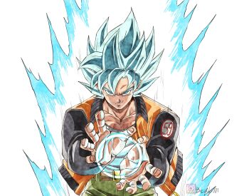 1boy absurdres aura beatlo_(rodrigo38658978) blue_eyes blue_hair commentary dragon_ball dragon_ball_super green_pants highres instagram_username jacket kamehameha_(dragon_ball) male_focus orange_jacket pants pectoral_cleavage pectorals smile solo son_goku upper_body