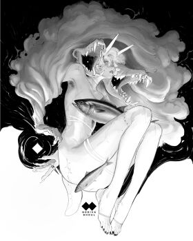 1girl animal arm_behind_back arm_support armpit_hair artist_logo artist_name ass barefoot black_background breasts choker closed_mouth cloud_clothes convenient_censoring fangs feet fingernails fish floating_hair flying_fish full_body godiva_ghoul greyscale hair_between_eyes high_contrast highres horns jewelry kneehighs knees_up legs_together lips logo long_fingernails looking_ahead monochrome monster_girl multiple_scars nail_polish navel nose open_hand original parted_lips ring scar sharp_fingernails sharp_teeth short_hair socks solo square stirrup_legwear surreal swirl tail teeth thigh_strap toeless_legwear toenail_polish toenails toes white_background