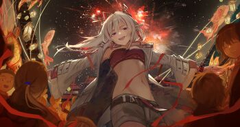1other 3girls 5boys :d absurdres aerial_fireworks arknights bead_bracelet beads belt bracelet brown_belt commentary_request earrings festival fireworks grey_shorts hair_between_eyes highres jacket jewelry lantern long_hair long_sleeves looking_at_viewer looking_down multiple_boys multiple_girls navel nian_(arknights) night open_clothes open_jacket open_mouth outdoors paper_lantern pointy_ears purple_eyes short_shorts shorts sky smile solo_focus stomach teeth upper_teeth_only yunkkker