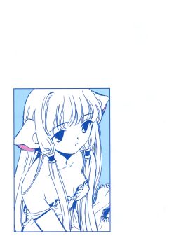 1girl absurdres blue_theme breasts chii chobits clamp clamp_(circle) cleavage collarbone dress hair_tubes highres long_hair official_art petite small_breasts solo spot_color upper_body