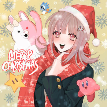 1girl :d bob_(bubble_bobble) bow brown_background brown_hair bubble_bobble christmas commentary crossover danganronpa_(series) danganronpa_2:_goodbye_despair ear_bow english_commentary hair_ornament hand_up highres jacket kirby kirby_(series) long_sleeves mario_(series) medium_hair merry_christmas monomi_(danganronpa) namco nanami_chiaki nintendo open_mouth peosi_(percy) pink_eyes red_scarf scarf shirt smile snowflake_print star_(symbol) super_star_(mario) taito teeth upper_teeth_only