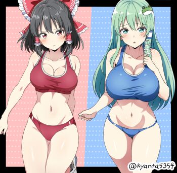 2girls alternate_costume black_border black_hair blue_background blue_buruma blue_sports_bra blush border bow breasts buruma cleavage closed_mouth collarbone commentary_request frilled_bow frilled_hair_tubes frills frog_hair_ornament green_eyes green_hair hair_bow hair_ornament hair_tubes hakurei_reimu kochiya_sanae kyanta5354 large_breasts leg_up long_hair looking_at_viewer medium_breasts midriff multiple_girls navel open_mouth outside_border red_background red_bow red_buruma red_eyes red_sports_bra single_hair_tube snake_hair_ornament sports_bra thighs touhou twitter_username