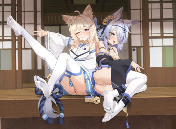 2girls :3 ;d absurdres ahoge animal_ear_fluff animal_ears anus architecture aroused artist_name ass bar_censor bare_shoulders bell bilingual_commentary black_choker black_kimono black_ribbon blonde_hair blue_bow blue_hair blue_ribbon blue_skirt blush bow breasts cameltoe censored chinese_commentary choker cleavage commentary commentary_request commission cross_hair_ornament cross_scar detached_sleeves east_asian_architecture english_commentary facial_scar feet flower fox_ears fox_girl fox_tail full_body furrowed_brow grin hair_between_eyes hair_bow hair_flower hair_intakes hair_ornament hair_over_one_eye hair_ribbon hand_up heart heart-shaped_pupils highres indoors japanese_clothes jewelry jingle_bell kensiejan kimono knees_up legs long_bangs long_hair long_sleeves looking_at_viewer medium_breasts miniskirt mixed-language_commentary multiple_girls naughty_face no_panties no_shoes nontraditional_miko one_eye_closed one_eye_covered open_mouth original outstretched_arm pleated_skirt purple_eyes pussy ribbon ribbon-trimmed_sleeves ribbon_trim ring rope saliva scar scar_on_cheek scar_on_face shimenawa shouji sidelocks sitting skirt sliding_doors smile soles symbol-shaped_pupils tail thighhighs thighs toes v variant_set watermark white_kimono white_thighhighs wide_sleeves yellow_flower yokozuwari