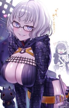 1boy 1girl absurdres baby_animal belt black_dress black_jacket blue_eyes breasts cleavage cropped_jacket dress dual_persona fate/grand_order fate/grand_order_arcade fate_(series) glasses grey_hair grin highres hood hooded_jacket jacket jacques_de_molay_(foreigner)_(fate) jacques_de_molay_(foreigner)_(second_ascension)_(fate) jacques_de_molay_(saber)_(fate) lamb large_breasts long_sleeves looking_at_viewer open_clothes open_jacket sheep short_dress short_hair smile sword thighs translated weapon yayoi_maka
