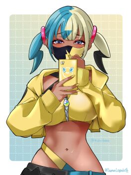 1girl bandeau blue_eyes border breasts canari_(pokemon) commentary copyright_name cropped_jacket eyelashes gen_4_pokemon grid_background hands_up highres holding holding_phone jacket long_sleeves looking_at_viewer mask midoridama mouth_mask multicolored_hair nail_polish navel nintendo open_clothes open_jacket outside_border phone pokemon pokemon_legends:_z-a raised_inner_eyebrows rotom rotom_phone short_twintails sleeves_past_wrists stomach strap twintails white_border yellow_bandeau yellow_jacket yellow_nails zipper zipper_pull_tab