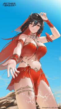 1girl aether_gazer bare_shoulders black_hair blue_nails breasts brown_eyes character_request chochomi cleavage closed_mouth cloud commentary_request crop_top earrings hair_between_eyes harem_outfit highres jewelry large_breasts lingguang_(aether_gazer) logo long_hair looking_at_viewer midriff nail_polish official_art open_hand outstretched_arm pelvic_curtain red_hair red_veil sky solo thigh_strap veil very_long_hair water wet