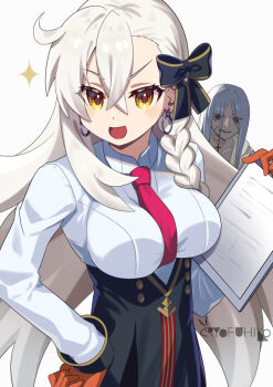 1boy 1girl asymmetrical_bangs azrael_(grand_assassin)_(fate) black_skirt breasts collared_shirt commentary_request earrings fate/grand_order fate_(series) gloves grey_hair hair_ribbon high-waist_skirt hoop_earrings horns jewelry large_breasts long_hair long_sleeves looking_at_viewer necktie olga_marie_animusphere olga_marie_animusphere_(unbeast) open_mouth orange_eyes pantyhose pencil_skirt red_gloves red_pantyhose ribbon ryofuhiko shirt single_horn skirt smile white_shirt