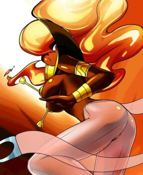 Rule 34 | 1girl, arabian clothes, ass, bracelet, breasts, capcom, dark-skinned female, dark skin, fire, harem pants, jewelry, large breasts, long hair, nipple tassels, nipples, pants, pepipopo, ponytail, power stone, red eyes, rouge (power stone), see-through clothes, see-through legwear, shinpepi, tassel, topless female
