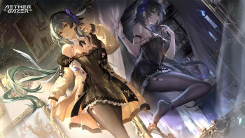 1girl aether_gazer aqua_nails armlet artist_request black_bow black_chemise blue_fire bow bracelet braid breasts candle cardigan character_request chemise collar copyright_name fire hair_ribbon heart highres jewelry long_hair non-web_source official_art open_cardigan open_clothes painting_(object) pantyhose purple_ribbon ribbon second-party_source sleeves_past_wrists white_collar yellow_cardigan yellow_eyes