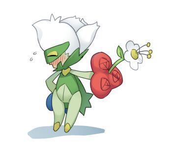 Rule 34 | blush, closed eyes, flower, flying sweatdrops, full body, gen 4 pokemon, holding, holding flower, nintendo, open mouth, pokemon, pokemon (creature), rose, roserade, simple background, solo, tosx, white background, white hair