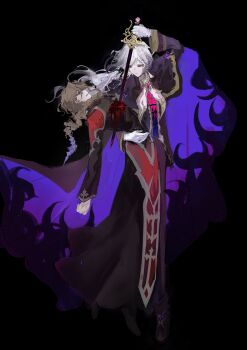 2boys absurdres arm_around_waist black_pants blonde_hair blood blood_on_clothes braid braided_ponytail cape edmond_dantes_(fate) edmond_dantes_(monte_cristo_uniform)_(fate) fate/grand_order fate_(series) formal_clothes glasses gloves grey_hair highres holding holding_sword holding_weapon impaled jacket long_hair looking_at_another male_focus michael_roa_valdamjong multiple_boys neckerchief paiwai_zengwu pants ponytail priest purple_jacket red_eyes smile sword tarantella_(fate) tunic vampire wavy_hair weapon