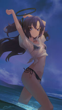 1girl absurdres alternate_costume bikini bikini_visible_through_clothes black_halo blue_archive blue_bikini breasts chinese_commentary commentary_request halo highres long_hair looking_at_viewer mechanical_halo night ocean outdoors purple_eyes purple_hair see-through_clothes shirt side-tie_bikini_bottom sky small_breasts solo swimsuit water wet wet_clothes wet_shirt xiao_sa_(hayatekkk) yuuka_(blue_archive)