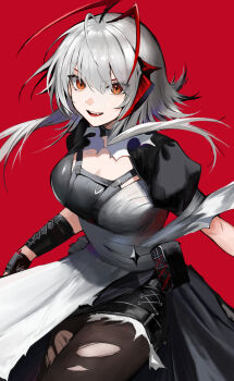 1girl antenna_hair apron arknights black_dress black_gloves black_shorts breasts demon_horns dress gloves grey_hair hashtag-only_commentary highres horns looking_at_viewer multicolored_hair official_alternate_costume orange_eyes pantyhose red_background red_horns red_streaks s_4ik4 shorts smile solo streaked_hair torn_clothes torn_pantyhose w_(arknights) white_apron wis&#039;adel_(arknights) wis&#039;adel_(supernova)_(arknights)