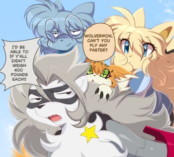 3girls blue_eyes digimon digimon_(creature) fluffy furry furry_female heavymetalpapi mask meicoomon multiple_girls star_(symbol) wolvermon