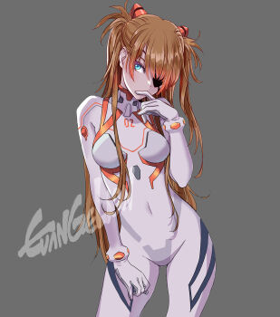 1girl biting_own_finger blue_eyes bodysuit breasts brown_hair commentary_request copyright_name covered_navel cowboy_shot curvy evangelion:_3.0+1.0_thrice_upon_a_time eyepatch gloves gradient_hair grey_background hair_ornament hairpods hand_up highres interface_headset_(evangelion) long_hair long_sleeves looking_at_viewer mecha_pilot_suit medium_breasts multicolored_bodysuit multicolored_hair neon_genesis_evangelion orange_hair plugsuit_(evangelion) rebuild_of_evangelion simple_background skin_tight solo souryuu_asuka_langley standing turtleneck twintails watermark white_bodysuit wide_hips yamashita_shun'ya