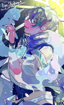 1boy absurdres belt black_nails commentary_request commission earrings fingernails ghost grey_hair halo highres jacket jewelry male_focus open_mouth original purple_jacket shinjitsu_no_kuchi shirt short_hair short_sleeves skeb_commission smile solo upper_body white_belt white_shirt yellow_eyes yellow_halo