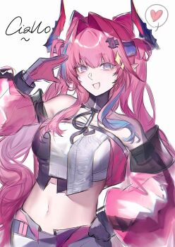 1girl :d aqua_streaks arknights arknights:_endfield bare_shoulders belt black_belt black_horns commentary_request diamond_in_eye gloves grscubes hair_on_horn hand_on_own_hip hand_up heart highres horns looking_at_viewer multicolored_gloves multicolored_horns navel open_mouth pants pink_gloves pink_horns pink_sleeves pink_tube_top pointy_ears purple_eyes salute see-through_clothes see-through_sleeves simple_background sitting smile solo stomach strapless tube_top two-tone_gloves two-tone_horns upper_body white_background white_pants yvonne_(arknights)