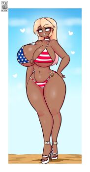 american_flag american_flag_bikini american_flag_print bikini blonde_hair breasts choker cleavage dark-skinned_female dark_skin flag_print flag_print_bikini haloowl high_heels huge_breasts open-toe_shoes original print_bikini swimsuit thick_thighs thighs white_heels