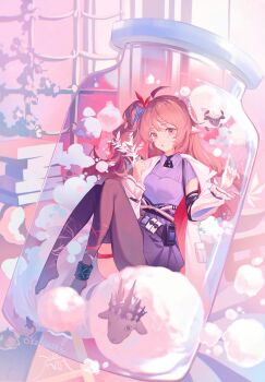 1girl absurdres ahoge animal arknights belt book book_stack bottle coat detached_sleeves eyjafjalla_(arknights) highres horns in_bottle in_container long_hair mini_person one_side_up pantyhose pink_hair pink_theme pleated_skirt pointy_ears purple_shirt purple_skirt shaokao_lajitong sheep shirt short_sleeves single_ankle_cuff single_horn skirt solo two-sided_coat two-sided_fabric white_coat white_horns