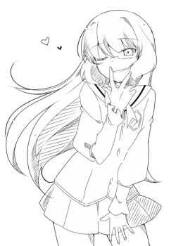 Rule 34 | 1boy, b (kana0816), crossdressing, crossdressing (mtf), glasses, greyscale, heart, kami nomi zo shiru sekai, katsuragi keima, lineart, long hair, male focus, monochrome, one eye closed, school uniform, skirt, solo, trap, v, wink