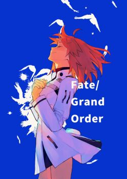 1girl absurdres ahoge blue_background closed_eyes closed_mouth commentary_request copyright_name cowboy_shot dress english_text fate/grand_order fate_(series) feathers fingernails floating_clothes floating_hair fujimaru_ritsuka_(female) fujimaru_ritsuka_(female)_(decisive_battle_chaldea_uniform) hands_on_own_chest hands_up highres juliet_sleeves long_sleeves orange_hair own_hands_together puffy_sleeves short_hair silhouette simple_background smile solo standing uxco0 white_dress