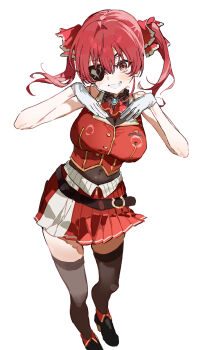 1girl absurdres bare_shoulders belt belt_buckle black_choker blush boots bow bowtie breasts brown_belt brown_boots brown_thighhighs buckle choker cleavage clenched_teeth covered_navel crop_top cropped_vest eyepatch fold-over_boots frilled_choker frills full_body gloves hair_between_eyes highres hololive houshou_marine houshou_marine_(1st_costume) jewelry lapel_pin lapels large_breasts legs leotard leotard_under_clothes long_hair looking_at_viewer miniskirt one_eye_covered partially_unzipped pirate pleated_skirt presenting print_bow print_bowtie print_eyepatch red_bow red_bowtie red_eyes red_hair red_shirt red_skirt red_vest see-through_cleavage see-through_clothes see-through_leotard seeshin_see shiny_skin shirt skindentation skirt smile solo standing teeth thighhighs thighs twintails vest virtual_youtuber white_gloves zettai_ryouiki zipper_footwear