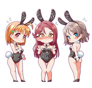 3girls absurdres ahoge animal_ear_hairband animal_ears ass backless_leotard black_hairband black_leotard black_necktie black_shoes blue_eyes blush breasts chokkakudo cleavage clenched_hands clover_hair_ornament commentary_request covered_navel deformed detached_collar embarrassed fake_animal_ears fake_tail flying_sweatdrops full_body grey_hair hair_ornament hairband high_heels highres leotard long_hair looking_at_viewer love_live! love_live!_sunshine!! medium_breasts multiple_girls necktie nose_blush orange_eyes orange_hair rabbit_ear_hairband rabbit_ears rabbit_tail red_eyes red_hair sakurauchi_riko shoes simple_background strapless strapless_leotard tail takami_chika v-shaped_eyebrows watanabe_you white_background white_wrist_cuffs wrist_cuffs