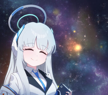 1girl blazer blue_archive blue_necktie blunt_bangs collared_shirt commentary galaxy grey_hair halo headgear holding holding_notebook jacket long_hair long_sleeves looking_at_viewer meme necktie noa_(blue_archive) notebook school_uniform shirt sidelocks sky smile solo space space_cat_(meme) star_(sky) starry_sky udon_f