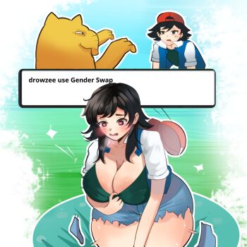 ash_ketchum breast_expansion breasts drowzee gen_1_pokemon genderswap genderswap_(mtf) highres large_breasts nintendo pokemon pokemon_(anime) pokemon_(classic_anime) yukimaruvs
