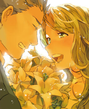 Rule 34 | 10s, 1boy, 1girl, bad id, bad pixiv id, blonde hair, couple, closed eyes, flower, grin, hetero, highres, log horizon, long hair, looking at another, marielle (log horizon), naotsugu (log horizon), sketch, smile, yagami nao, yellow eyes